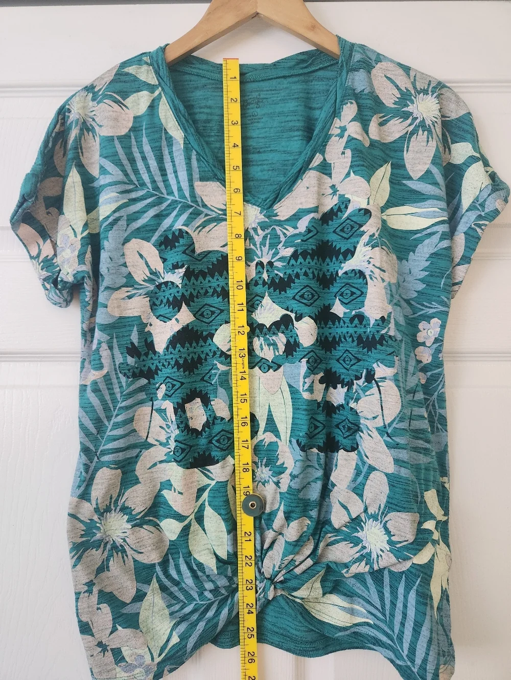 Disney Teal Floral V-Neck Knot Front Short Sleeve Tee - Women's Large - Picture 5 of 7